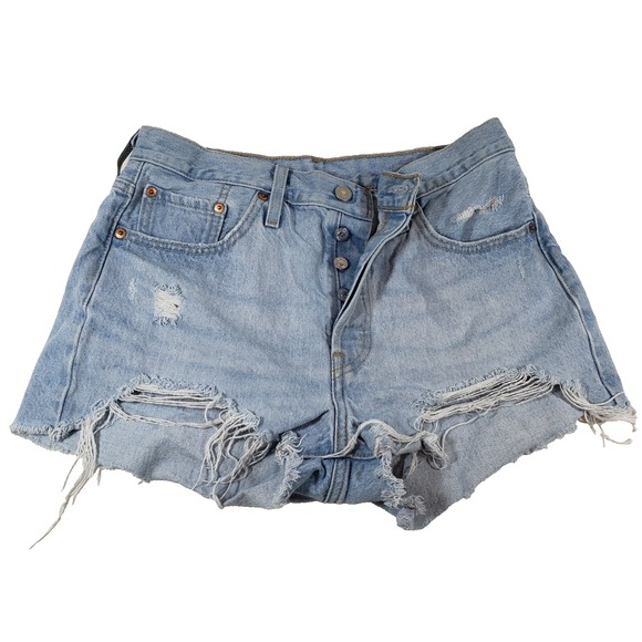 Levi's Strauss Women's Button Fly Cut Off Denim Blue Distressed Shorts Sz W29‎ - Picture 1 of 13